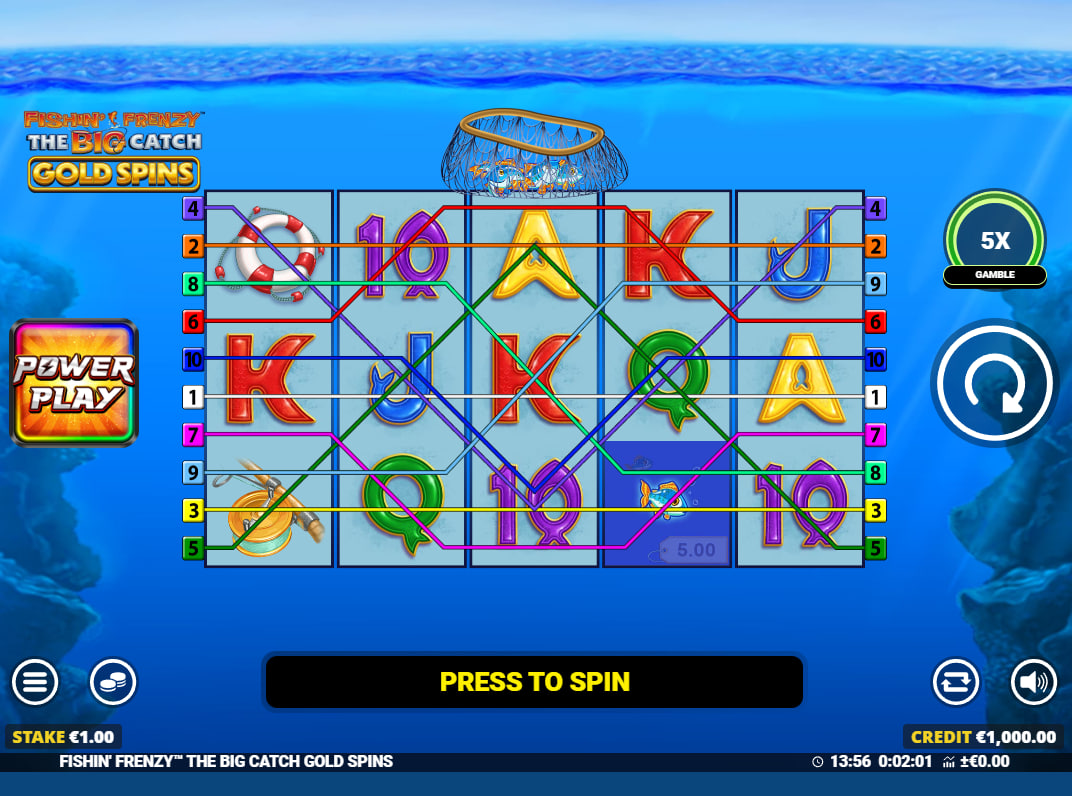 The 5x3 game grid of Fishin' Frenzy The Big Catch Gold Spins during base gameplay, showing the classic fishing-themed symbols and user interface.