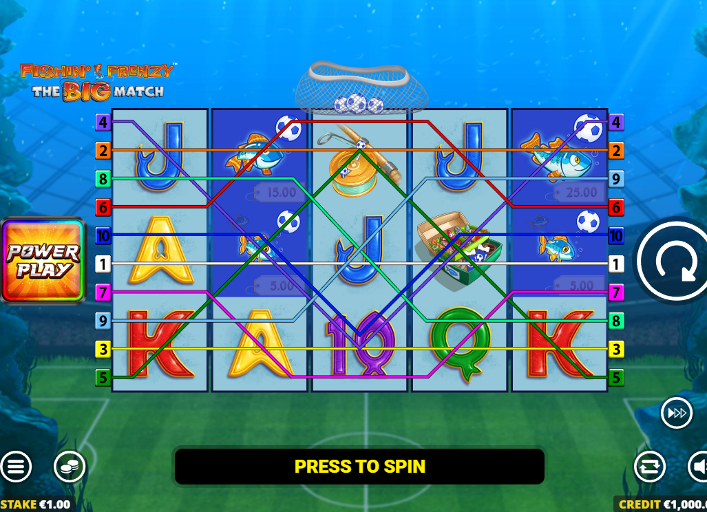 Main interface of Fishin' Frenzy The Big Match slot showing the 5x3 grid on a football pitch background.
