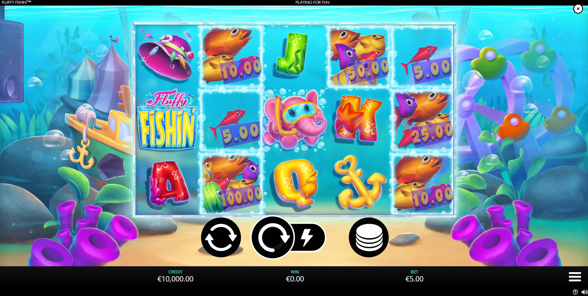 Nellie the pink elephant Wild symbol substituting for standard symbols on the 5x3 grid in the Fluffy Fishin' base game.