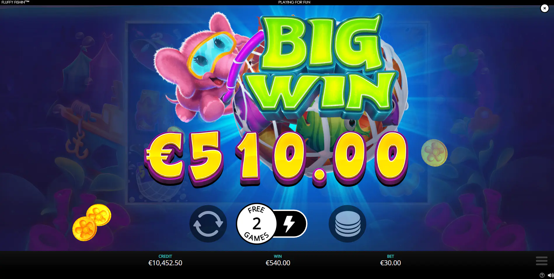 Big Win celebration screen featuring Nellie the elephant holding a net full of fish and displaying a large cash prize.