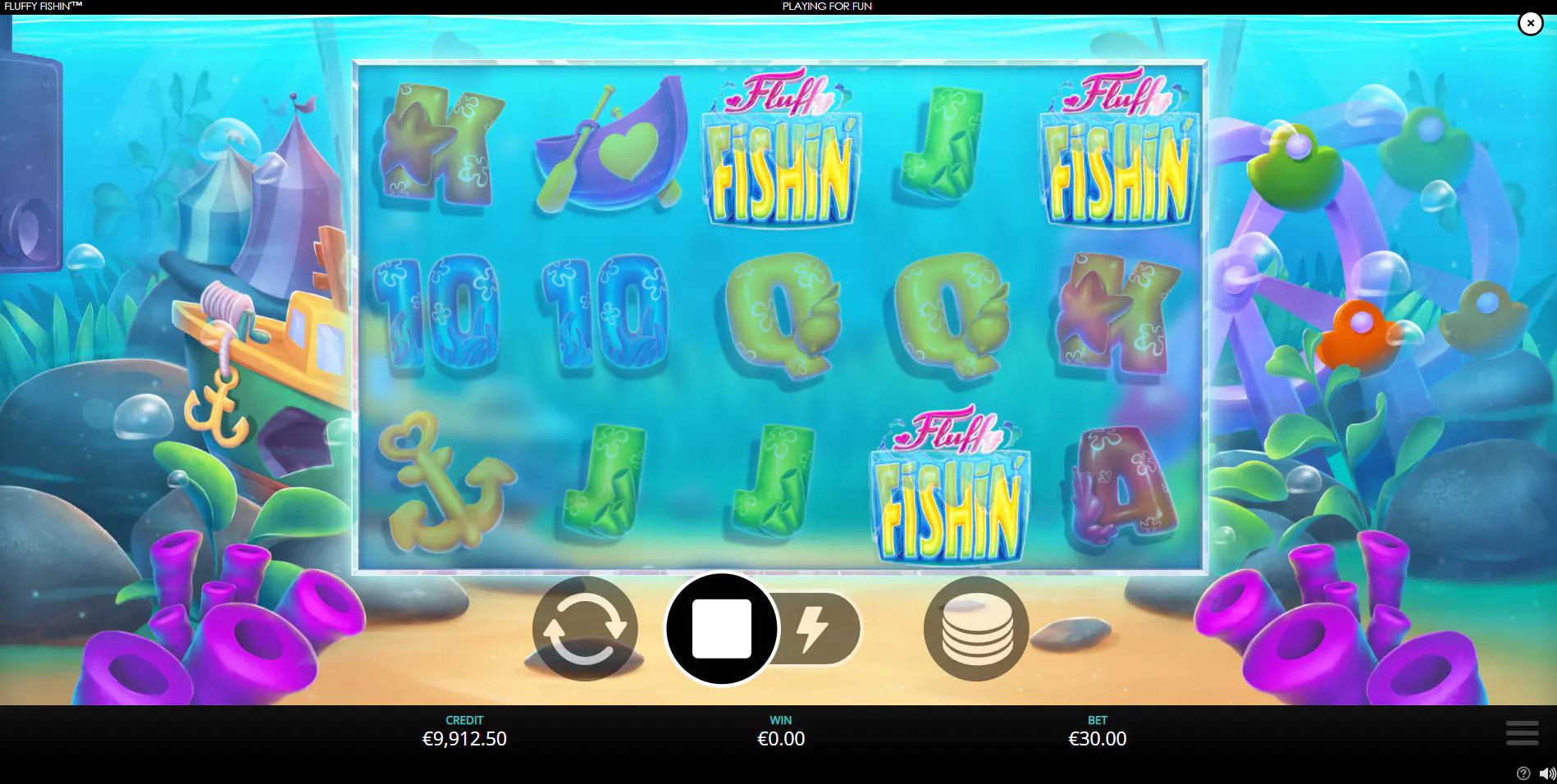 Three Fluffy Fishin' logo scatter symbols landing on the reels to trigger the Free Games bonus round.