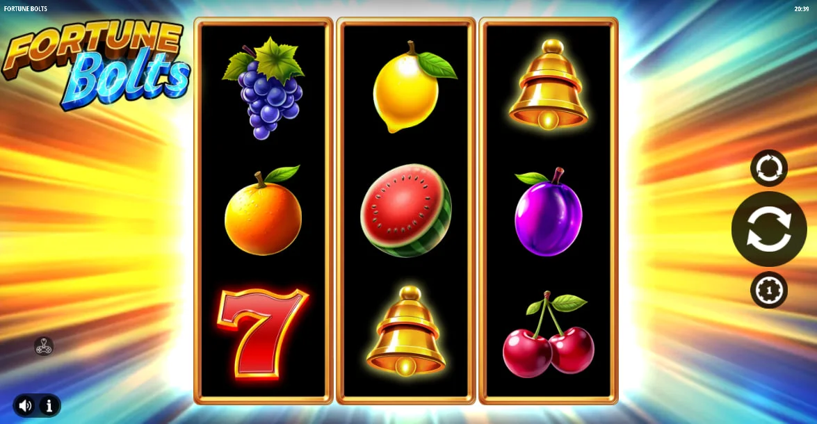 3x3 grid of Fortune Bolts slot featuring 7s and Bells symbols on neon background, providing a clear view of the high-value payout potential.