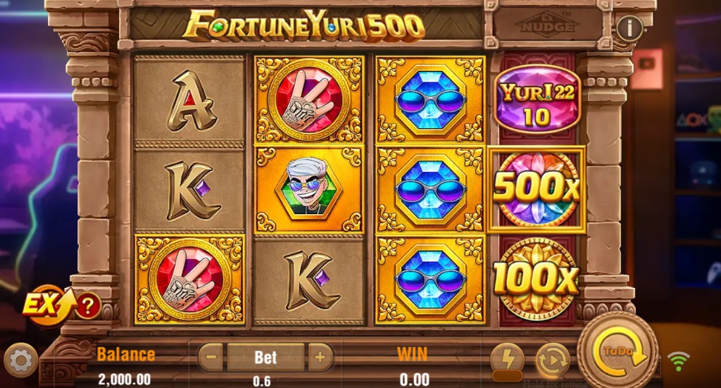 Fortune Yuri 500 slot base game interface by TaDa Gaming featuring DJ Yuri and 4th special reel.