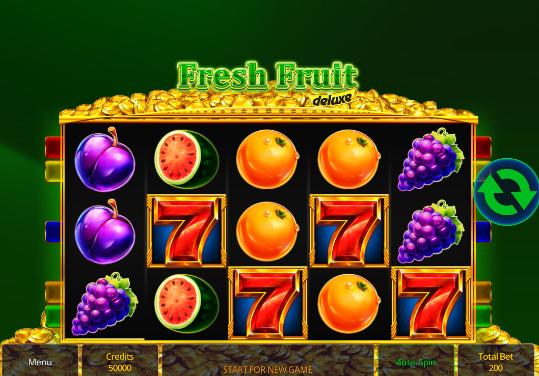 Fresh Fruit Deluxe slot by Swintt featuring a 5x3 green reel grid with watermelon, plum, and orange symbols.