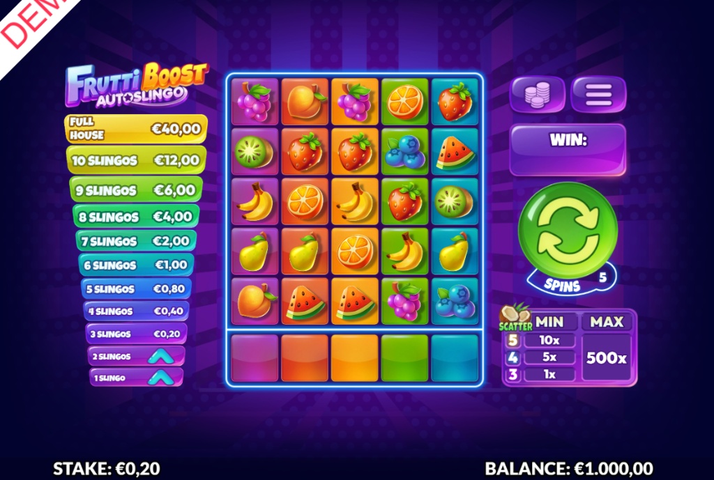Main interface of Frutti Boost AutoSlingo showing the 5x5 fruit grid, the payladder on the left, and the single spinning reel at the bottom.