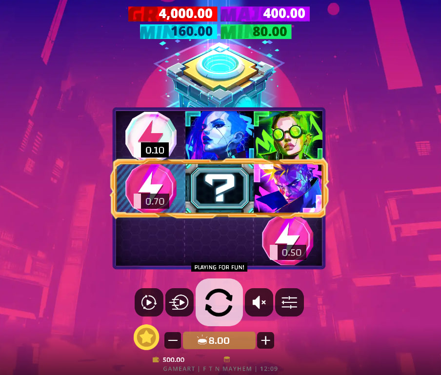 TN Mayhem 3x3 slot grid with white coin symbols and neon cyberpunk background.