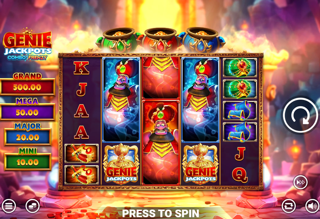 Genie Jackpots Combo Frenzy slot base game screen showing 5x3 grid and three colored bonus pots.