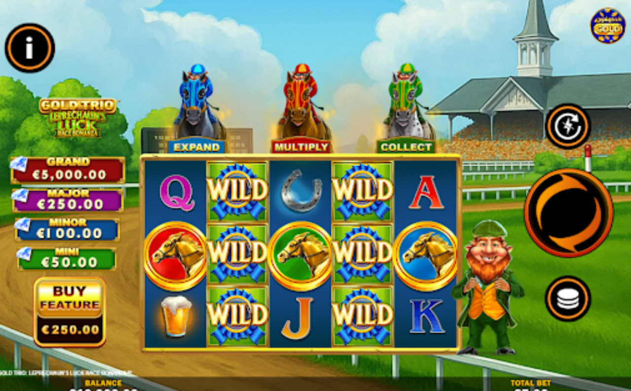 Gold Trio Leprechaun’s Luck Race Bonanza slot base game showing 5x3 grid with leprechaun and royal symbols on a green racetrack background.