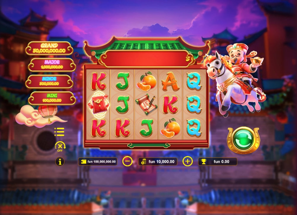 Golden Gallop slot base game interface with 5x3 grid, General character, and Asian city background.