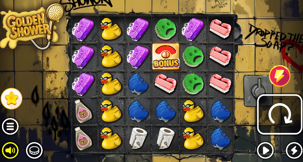 Golden Shower slot 5x5 grid featuring rubber ducks, soap, and toilet paper symbols on a yellow tile background with graffiti.