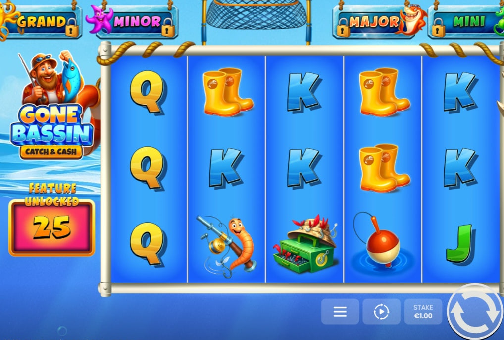 Gone Bassin Catch & Cash slot base game 5x4 grid with fishing symbols