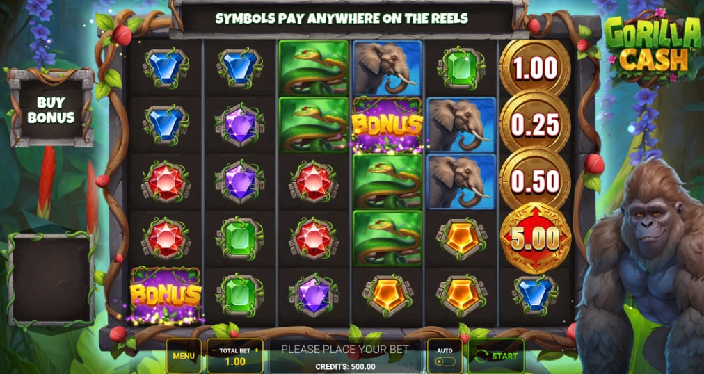 Gorilla Cash slot base game showing 6x5 grid, jungle background, and gorilla character.