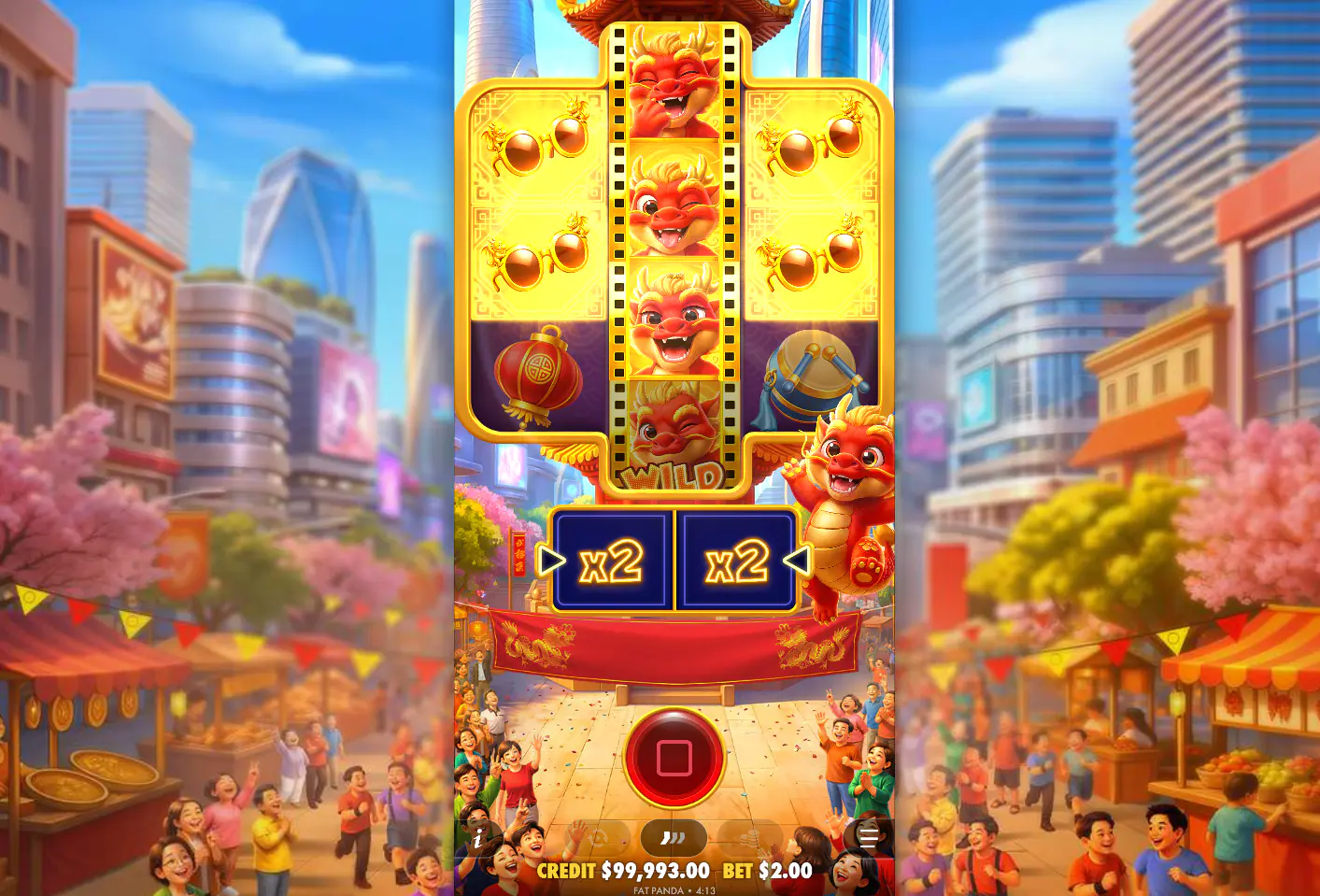 The Dragon Wild symbol expanding to cover the entire second reel in Happy Dragon, demonstrating the game's central wild feature in action.