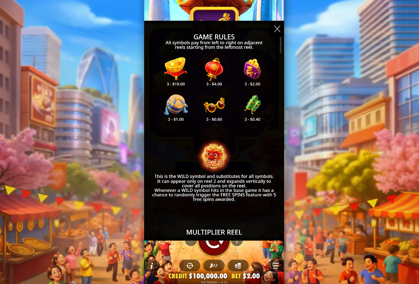 The paytable for Happy Dragon, displaying the six paying symbols from the high-value gold ingot to lower-tier items, showing players the win potential for each combination.