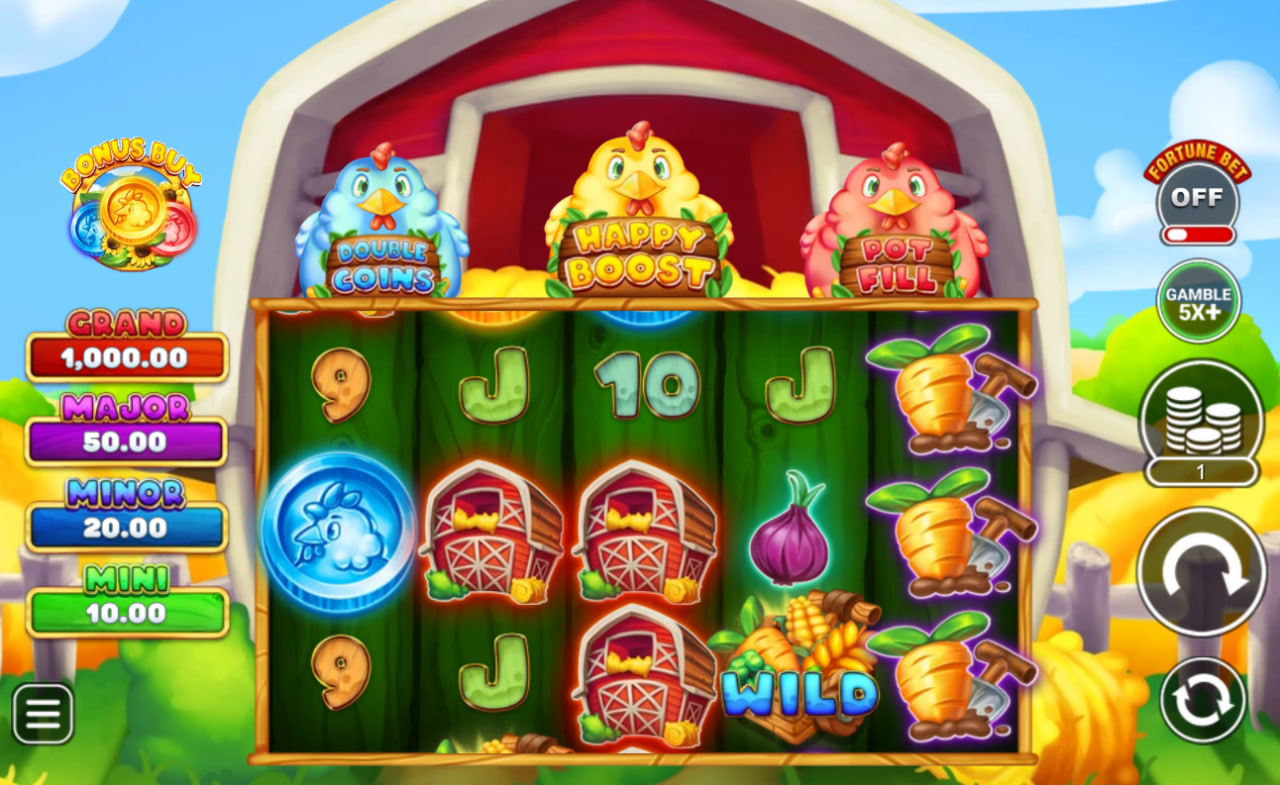 Happy Money Hens slot base game interface showing 5 reels, farm background, and three feature hens.