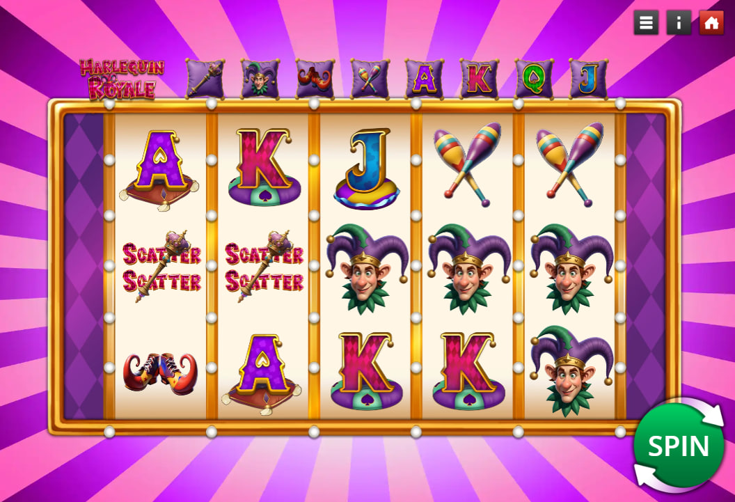 Harlequin Royale slot base game interface showing 5 reels, 3 rows, and purple royal background.