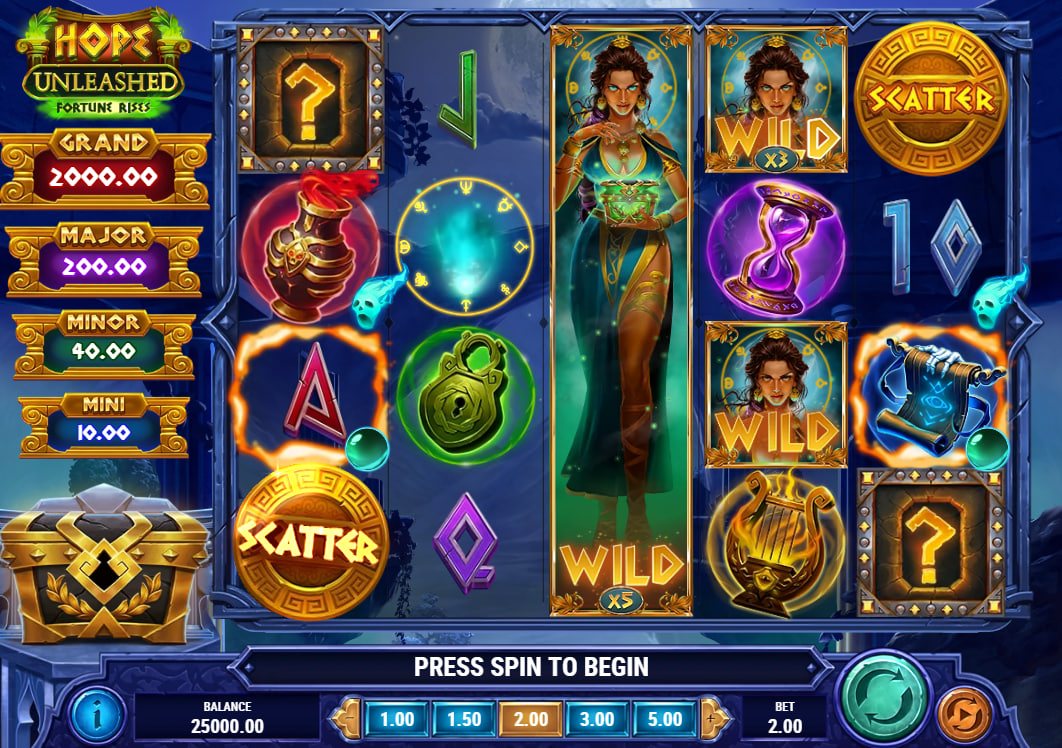 Hope Unleashed slot base game interface showing 5 reels and mystery symbols.