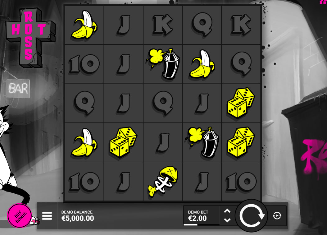 Hot Ross slot base game 5x5 grid showing urban alleyway background and low-value symbols like bananas and dice.