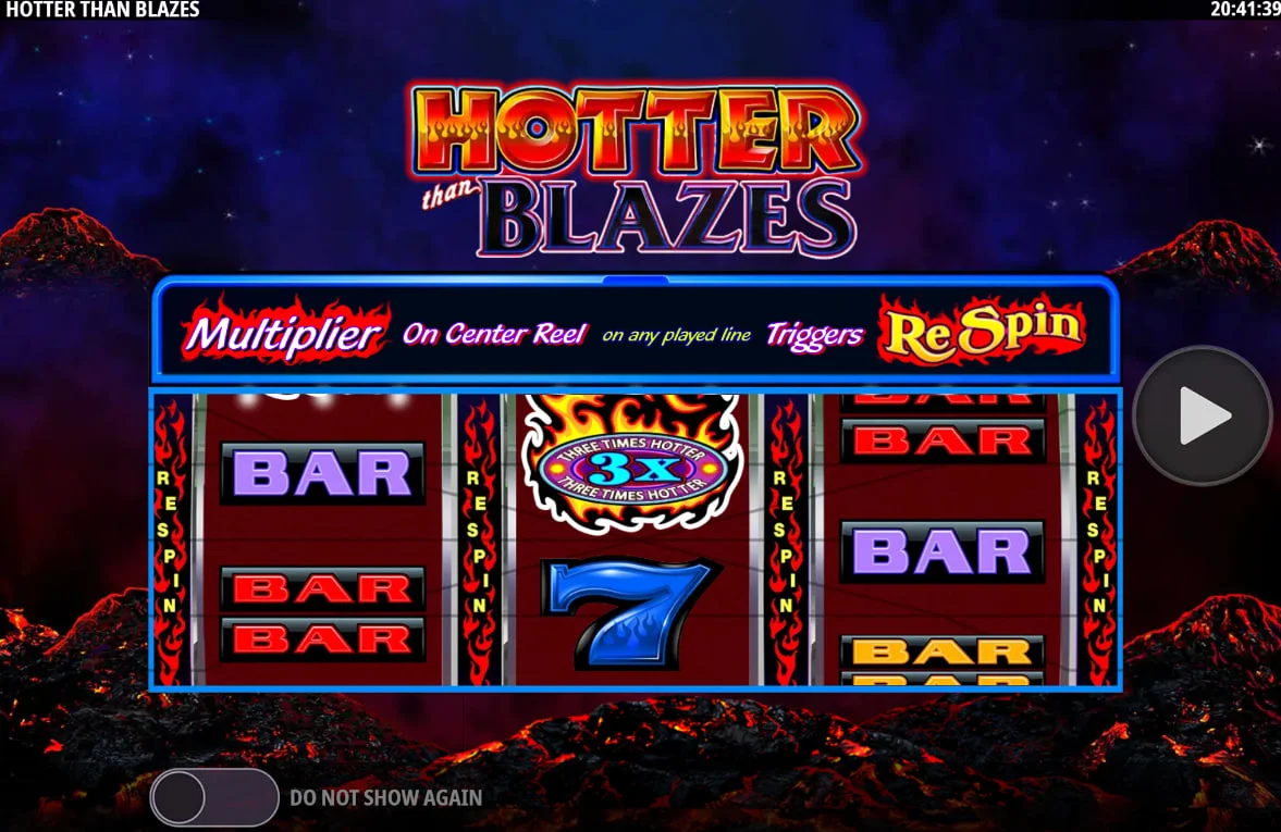 Hotter than Blazes slot intro screen showing wild multiplier rules on the center reel for player information.