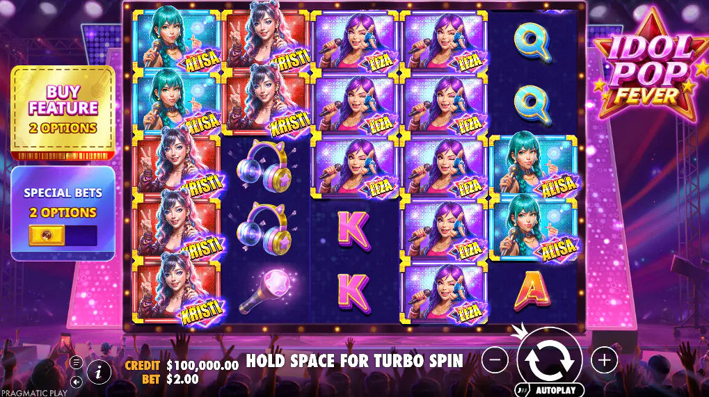The 5x5 grid of the Idol Pop Fever slot during base gameplay, showing the K-Pop idol symbols and user interface for players.
