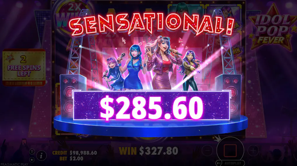 A sensational big win screen in the Idol Pop Fever slot, showcasing a large payout from the bonus feature for a successful round.