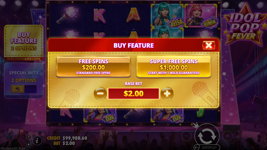 The Bonus Buy feature menu in Idol Pop Fever, presenting the choice between a 100x standard bonus and a 500x super bonus for players.
