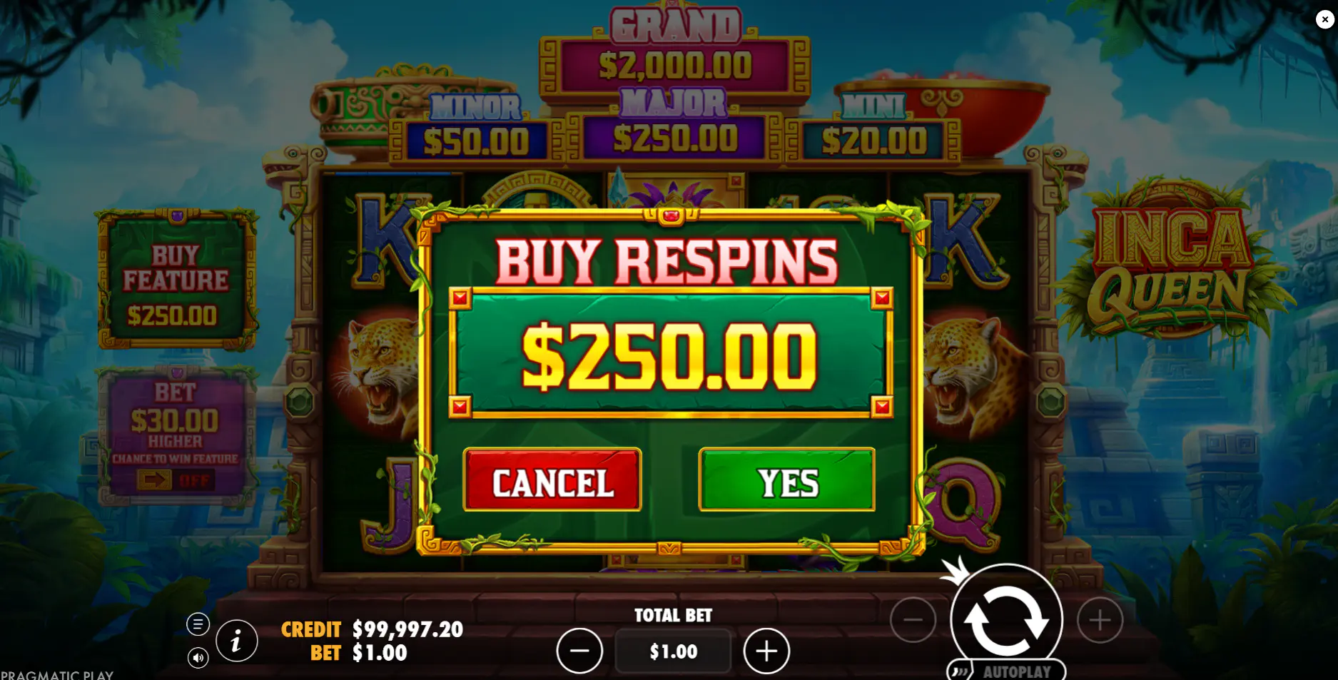 Inca Queen Buy Respins prompt with feature cost, purchase overlay screen, shows the 250x shortcut into concentrated volatility