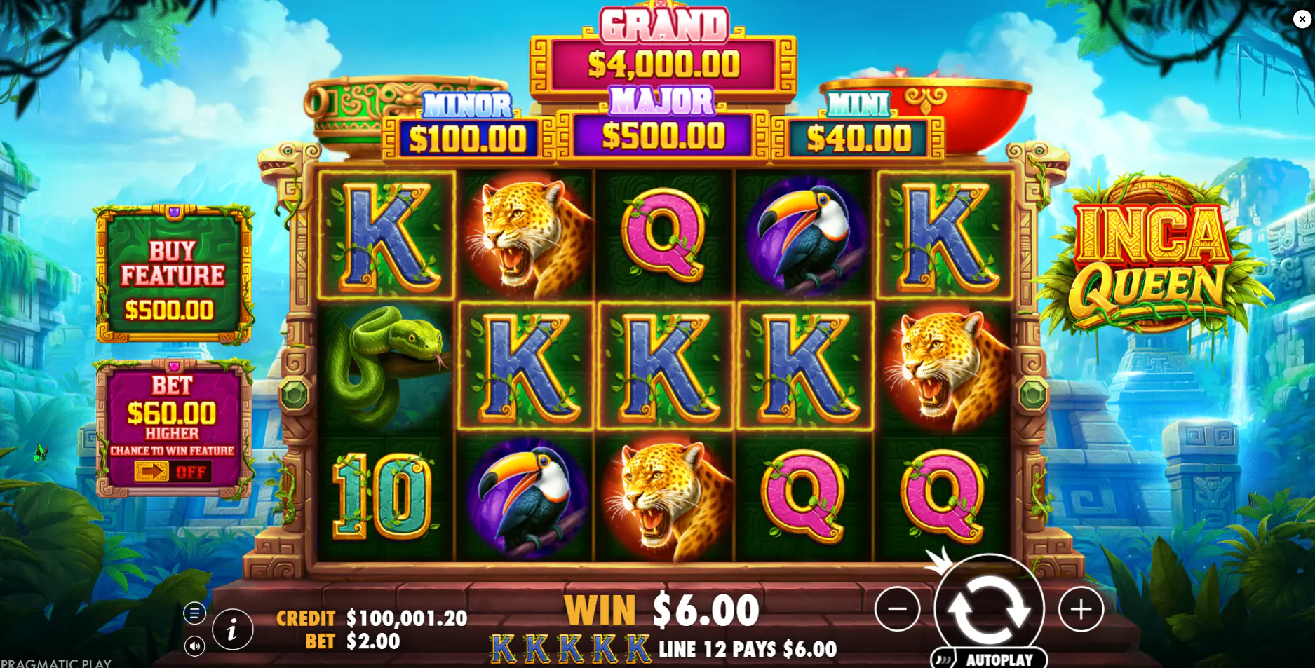Inca Queen main game screen with jackpots and feature buttons, base-game view, shows the slot layout and key controls for players