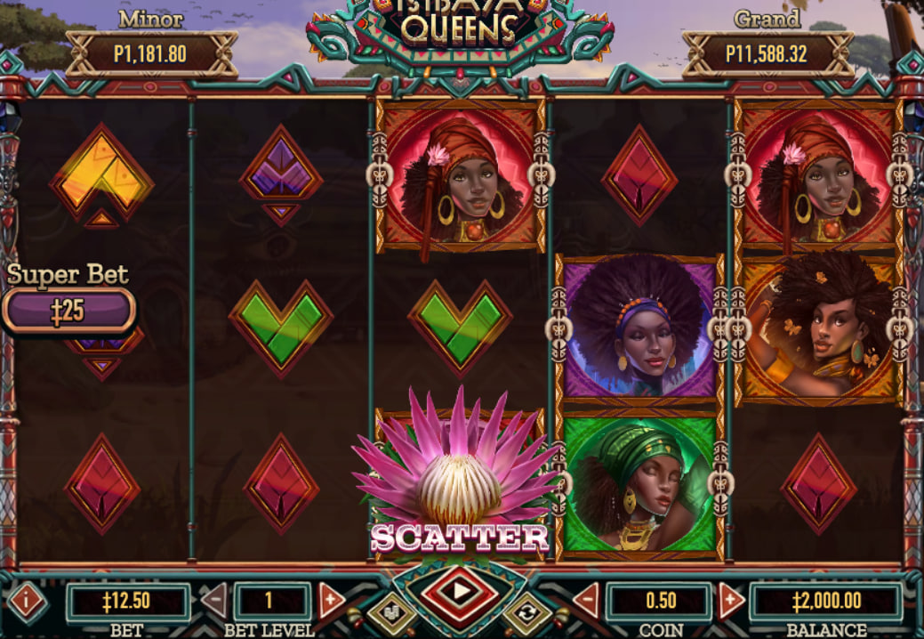 Isibaya Queens slot base game interface showing 5 reels, betting controls at the bottom, and African savannah background.