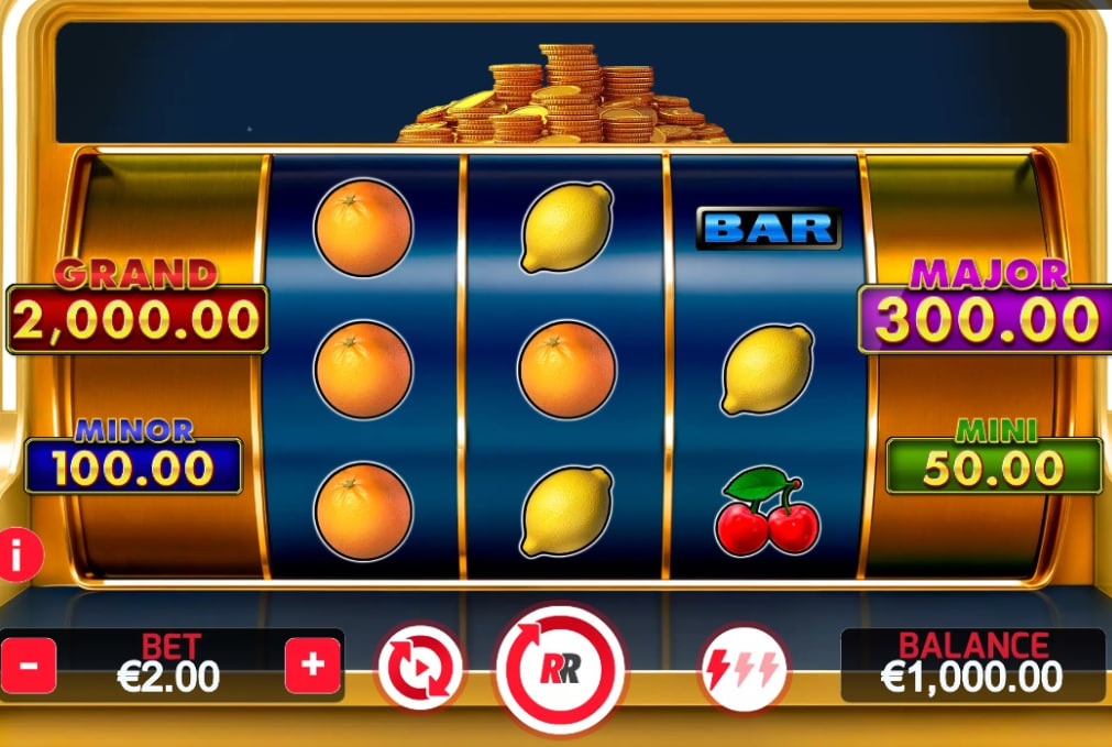 Super Coins slot base game interface showing 5x3 grid with lemon, orange, and cherry symbols by Red Rake Gaming.