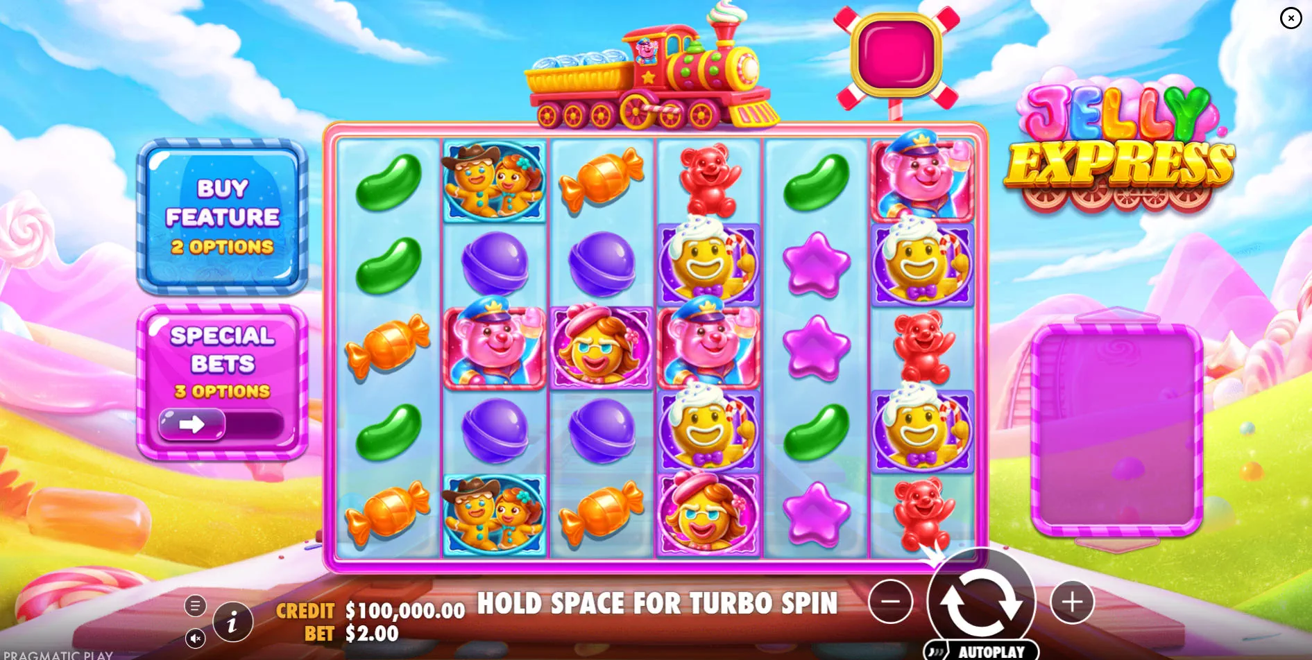 6x5 candy grid in Jelly Express base game showing the Buy Feature and Special Bets UI, essential for understanding the layout