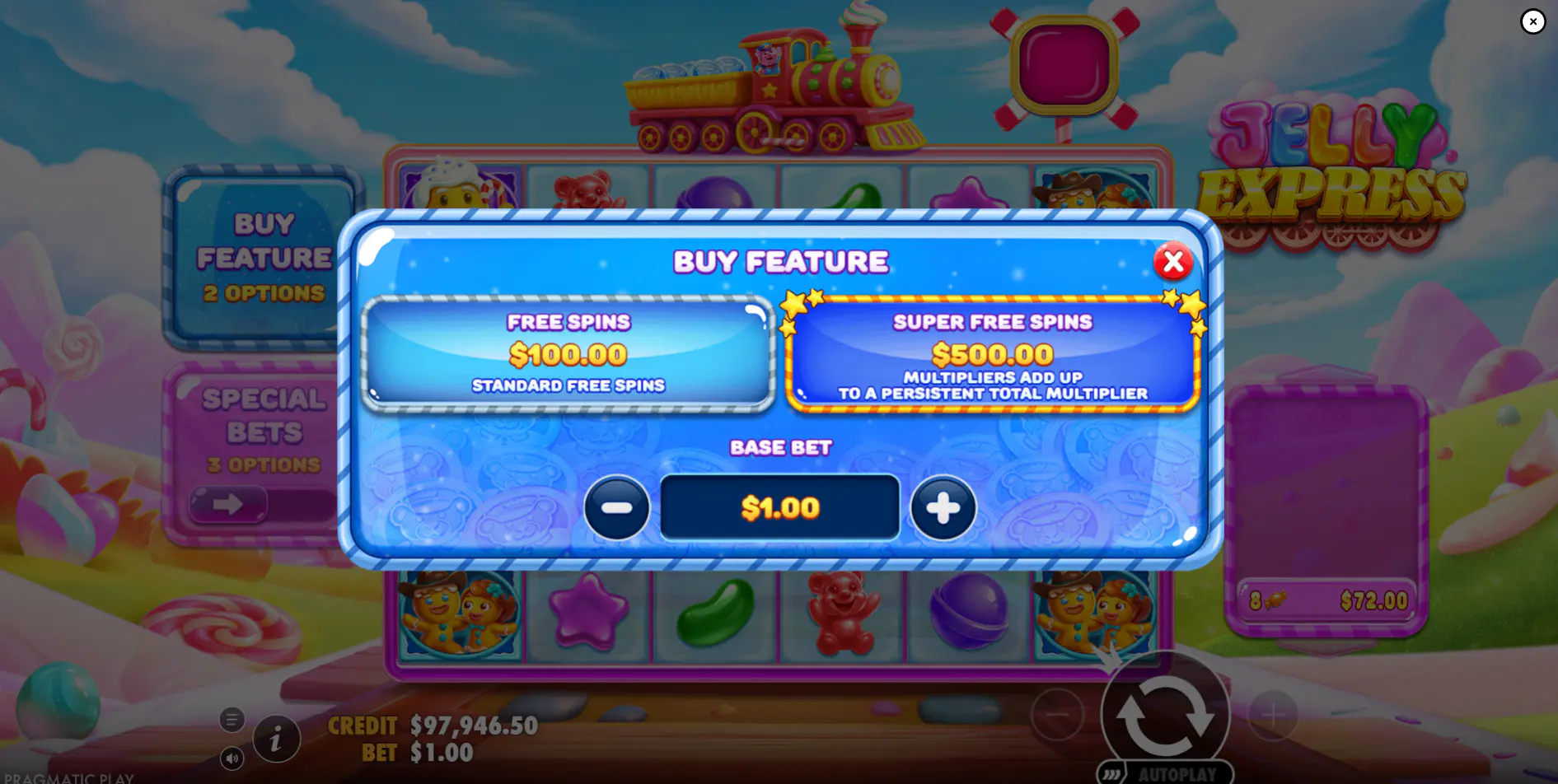 Bonus buy menu in Jelly Express displaying the 100x standard and 500x Super Free Spins options, highlighting the high-risk entry cost