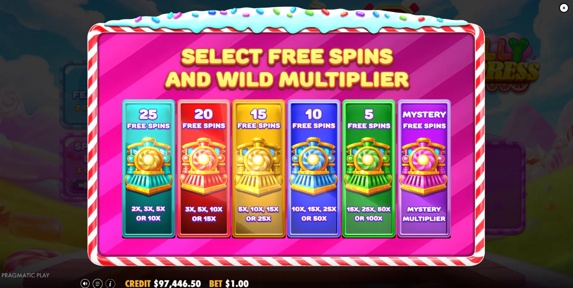 Six free spins volatility options in Jelly Express ranging from 25 spins to 5 spins with 100x multipliers, crucial for bonus strategy