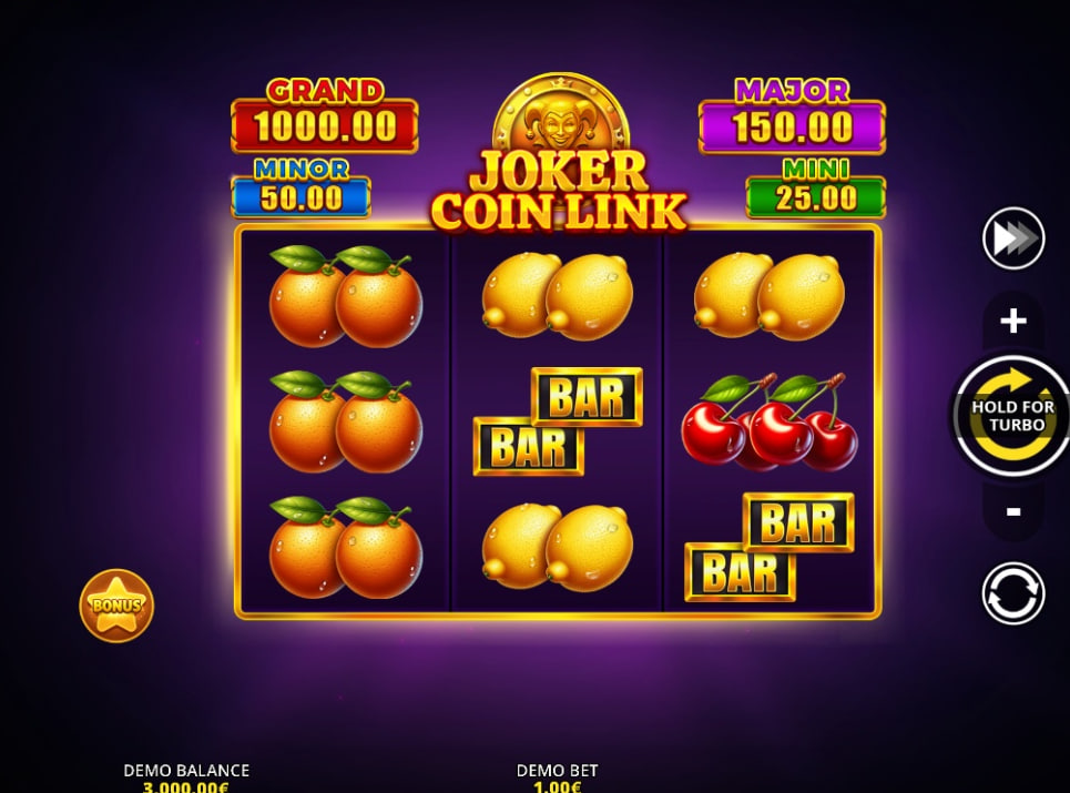 Joker Coin Link slot 3x3 grid with orange and lemon symbols.