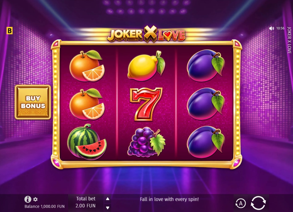 Main 3x3 grid of Joker X Love slot by BGaming showing fruit symbols and neon purple background.
