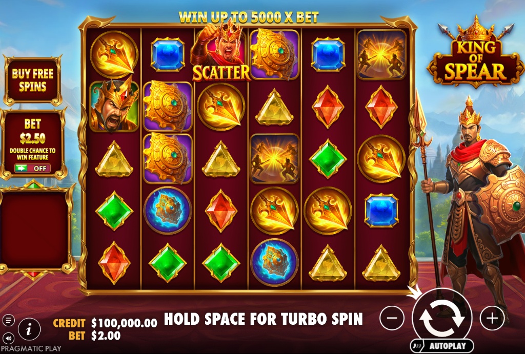 Main 6x5 grid of King of Spear slot by Pragmatic Play featuring Asian warrior symbols and scatter pays mechanic.