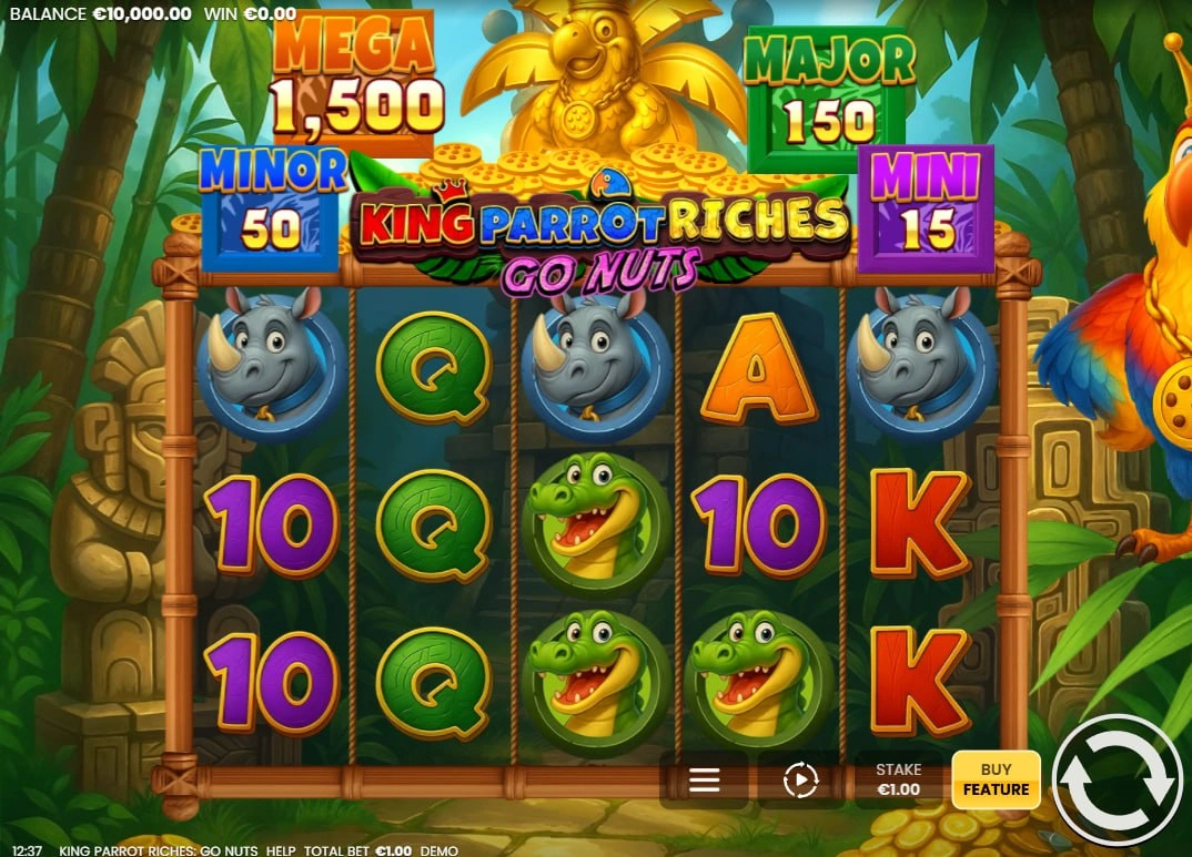 King Parrot Riches Go Nuts game grid featuring tiger and rhino symbols on a 5x3 layout for high volatility jungle action.