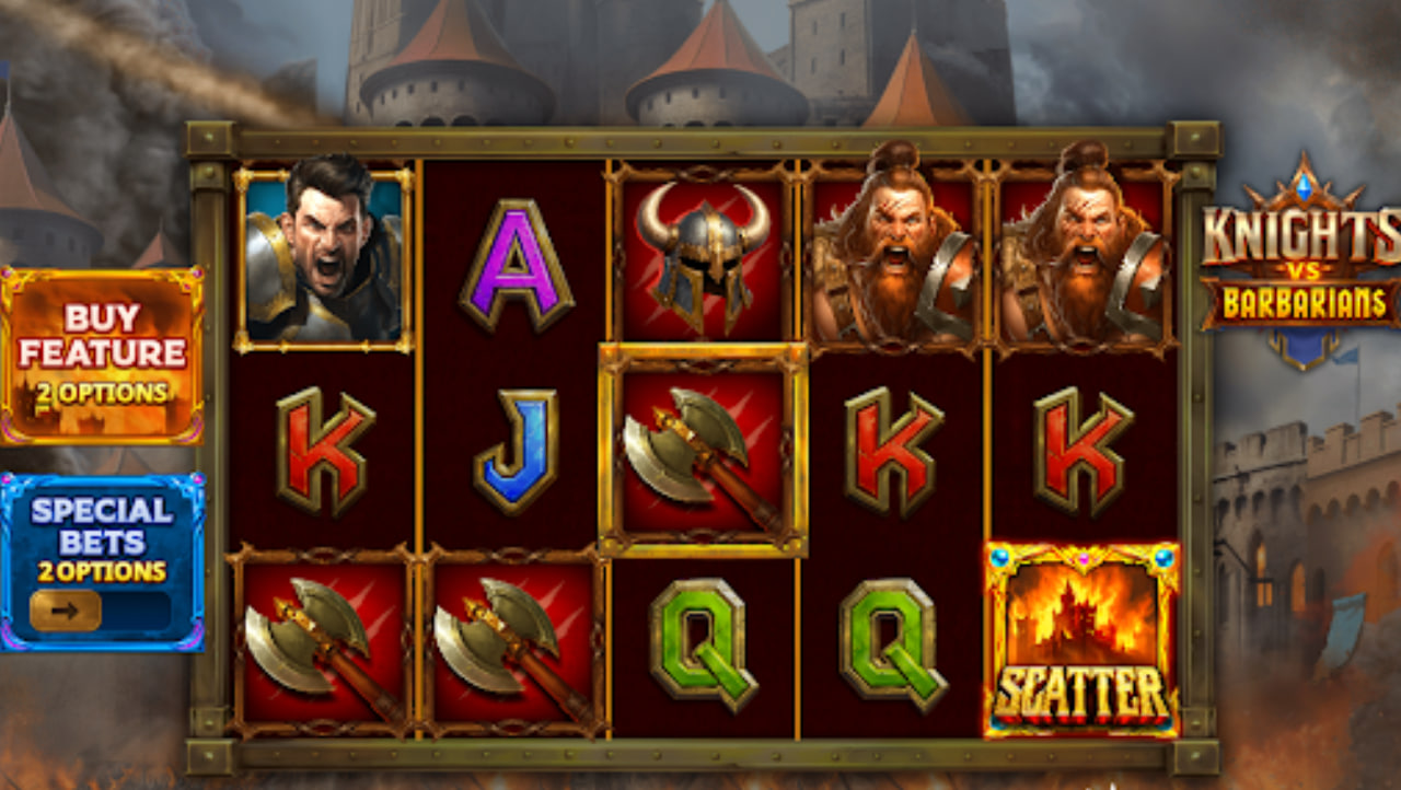 Knights vs Barbarians slot base game 5x3 grid with medieval castle background and knight symbols.