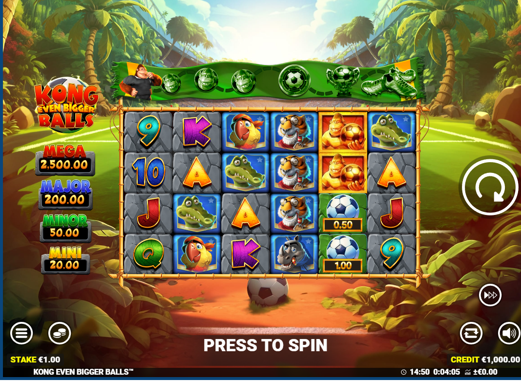 Kong Even Bigger Balls slot base game 6x4 grid with football symbols and unlock trail.