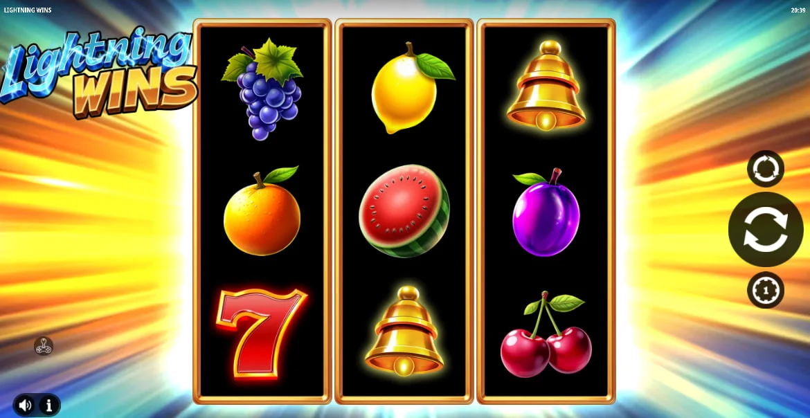 Lightning Wins slot main 3x3 grid with Sevens and fruit symbols on a neon background showing the primary game layout.