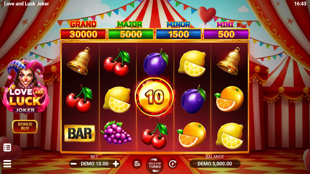 Love and Luck Joker slot base game 5x3 grid with fruit symbols and circus tent background.