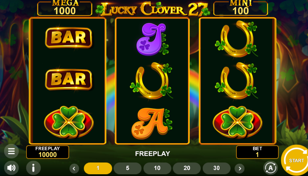 Lucky Clover 27 slot base game interface showing 3x3 grid and Irish forest background with Mega Jackpot display.