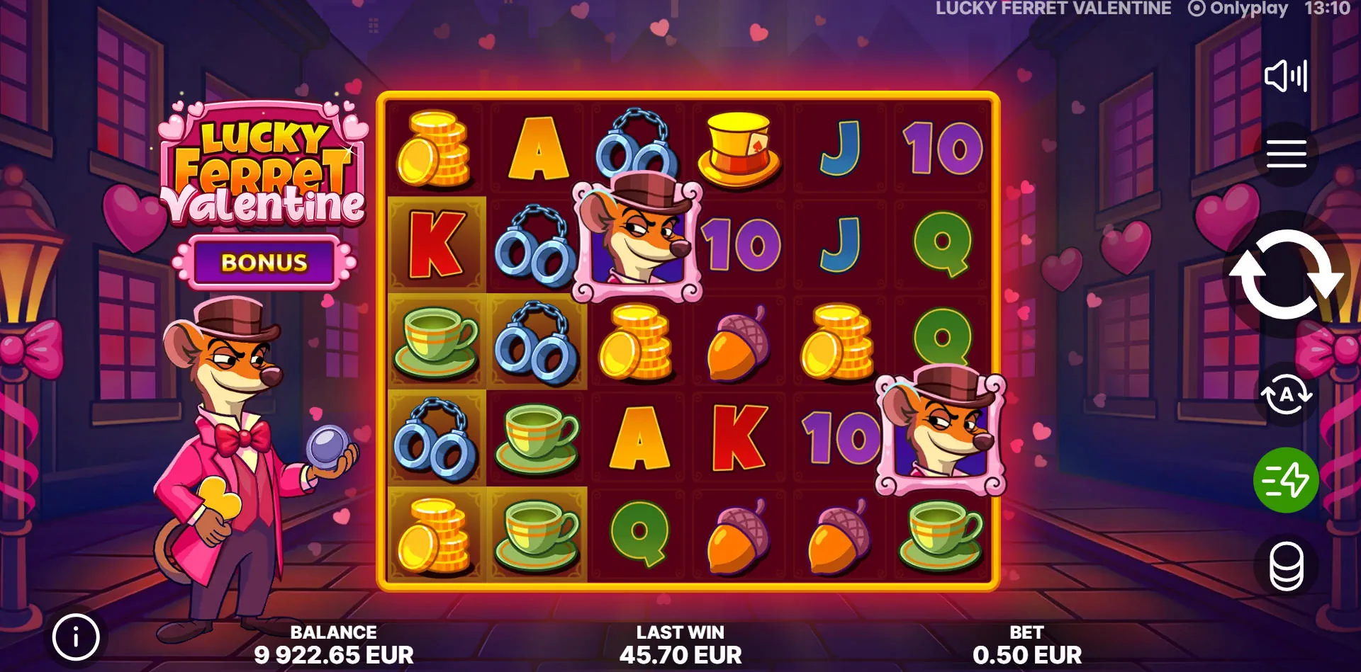 The 6x5 game grid of the Lucky Ferret Valentine slot, showing the main ferret character and the colorful romantic-themed symbols during regular play.