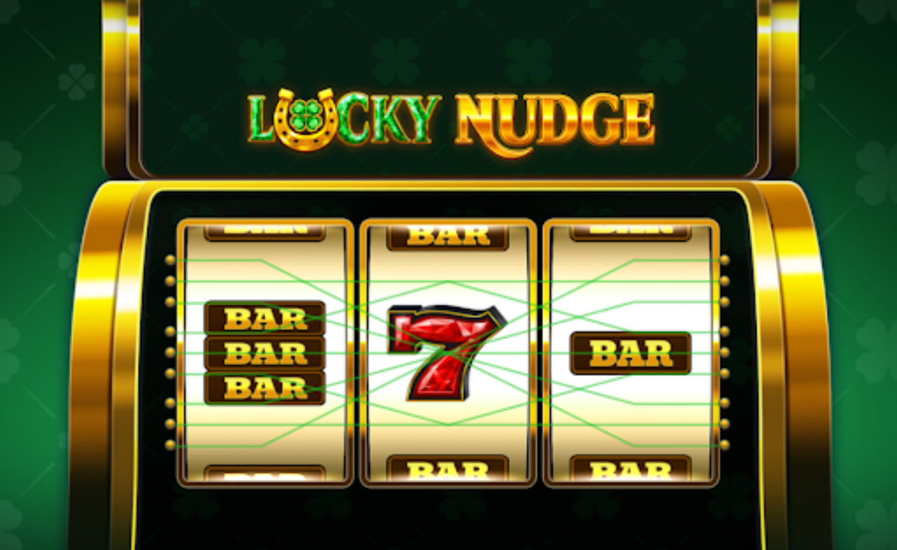 Lucky Nudge slot base game interface showing 3 reels and 9 paylines with bar symbols.