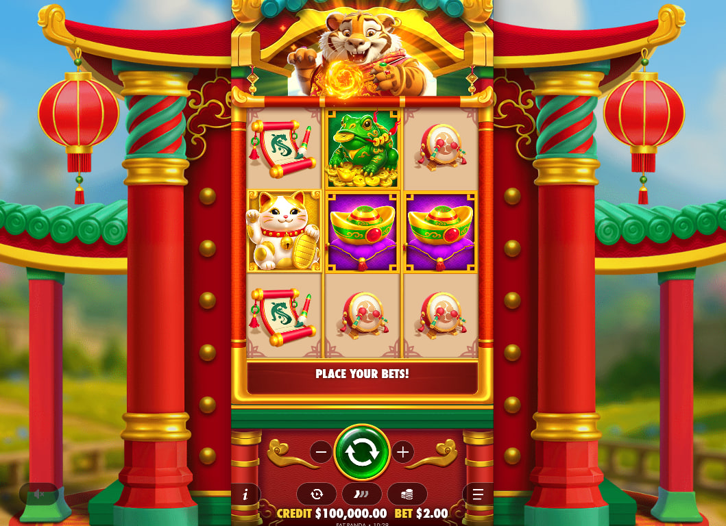 Main 5x3 grid of Lucky Tiger Gold slot showing golden frog, drum, and scroll symbols with Asian architecture background.