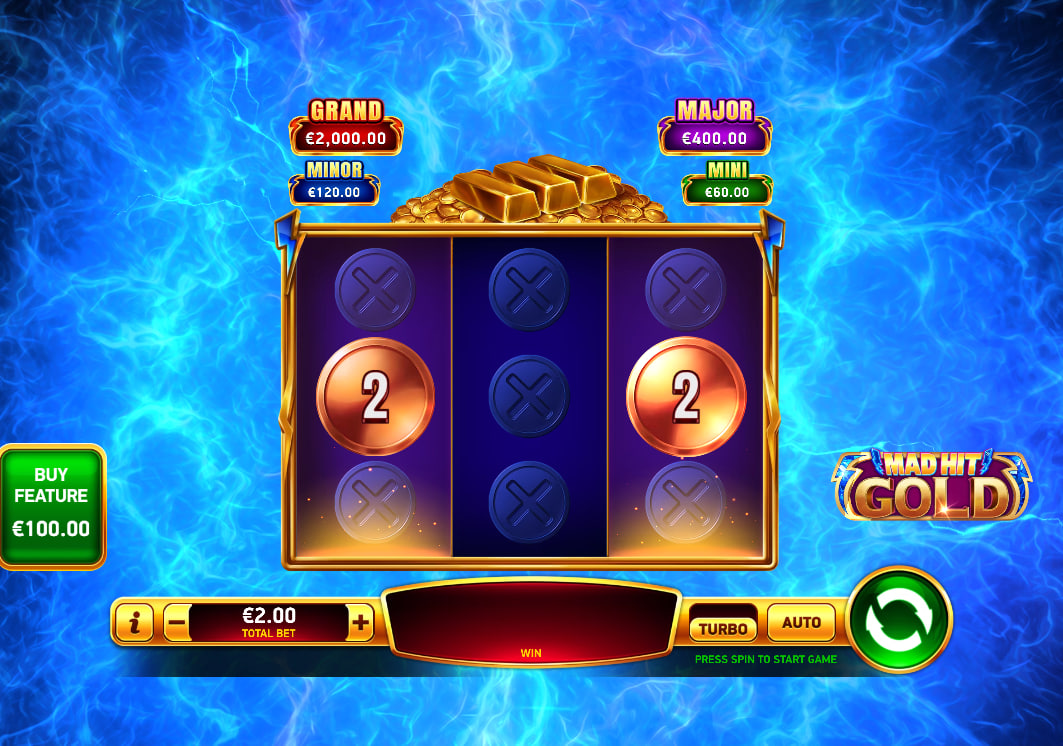 Mad Hit Gold slot base game interface showing 3x3 grid with gold bars and jackpot displays above reels.