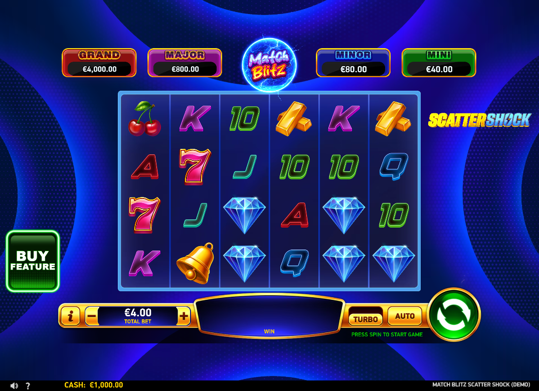 Match Blitz Scatter Shock slot base game interface showing 6x4 grid with neon fruit symbols and 80 paylines by RubyPlay.