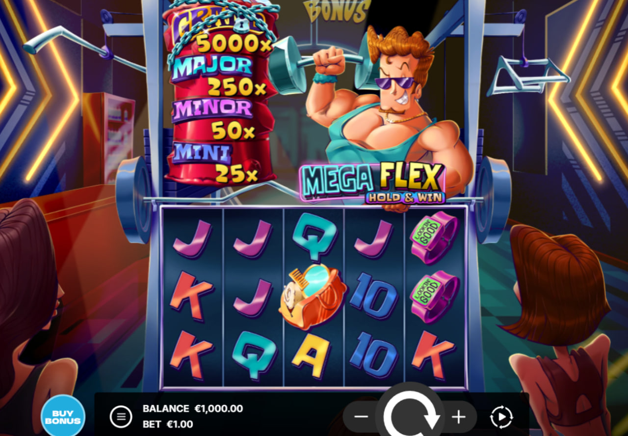 Mega Flex Hold & Win slot base game interface showing 5x4 grid, gym theme, and high paying symbols.