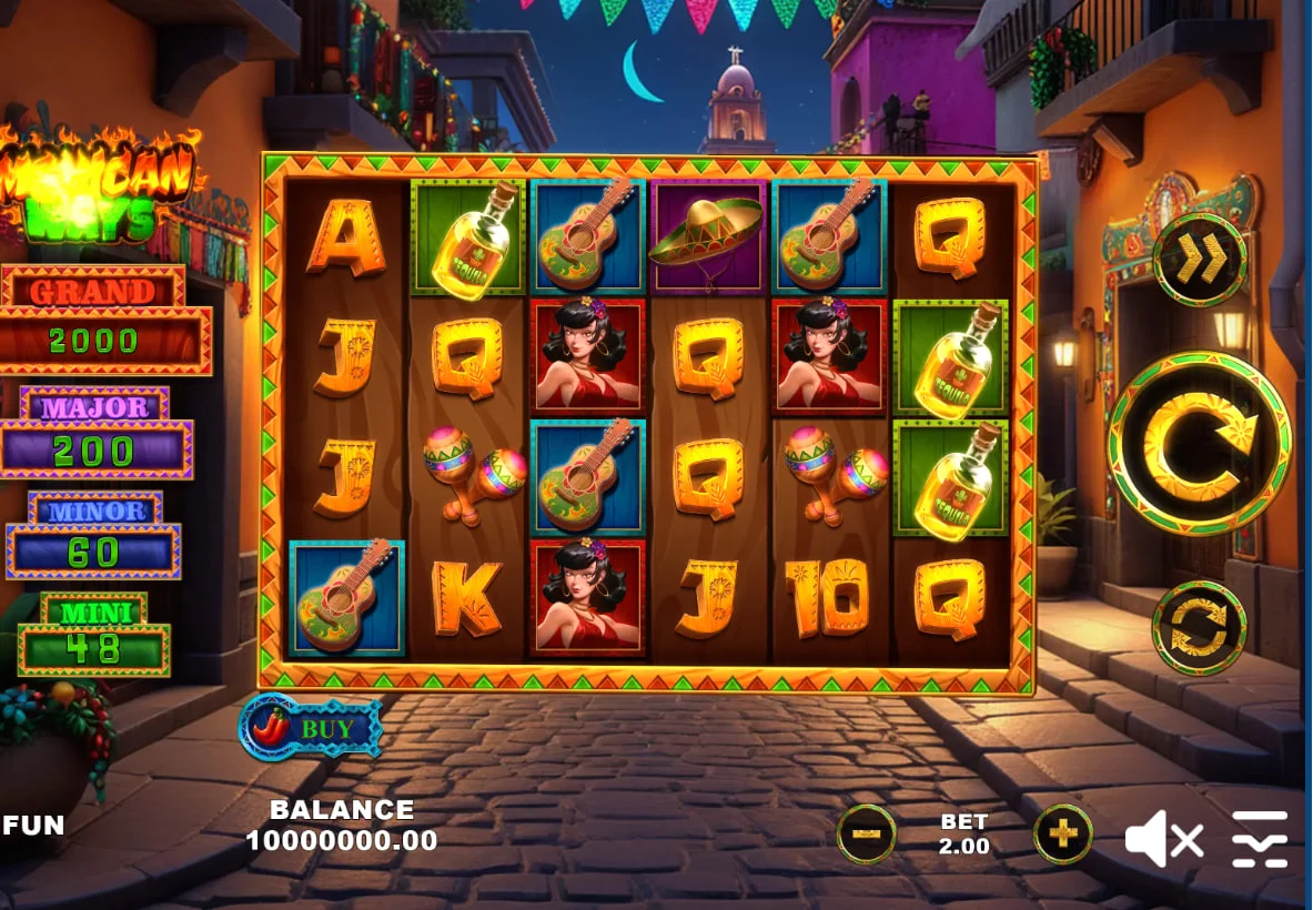 Mexican Ways slot main 5x3 reel grid featuring colorful Mexican symbols and four jackpot tiers on the sidebar.