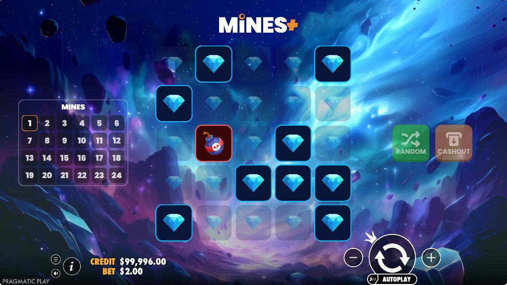 The end of a round in Mines+ after hitting a mine, with all remaining diamonds and mines revealed, demonstrating the game's losing condition.